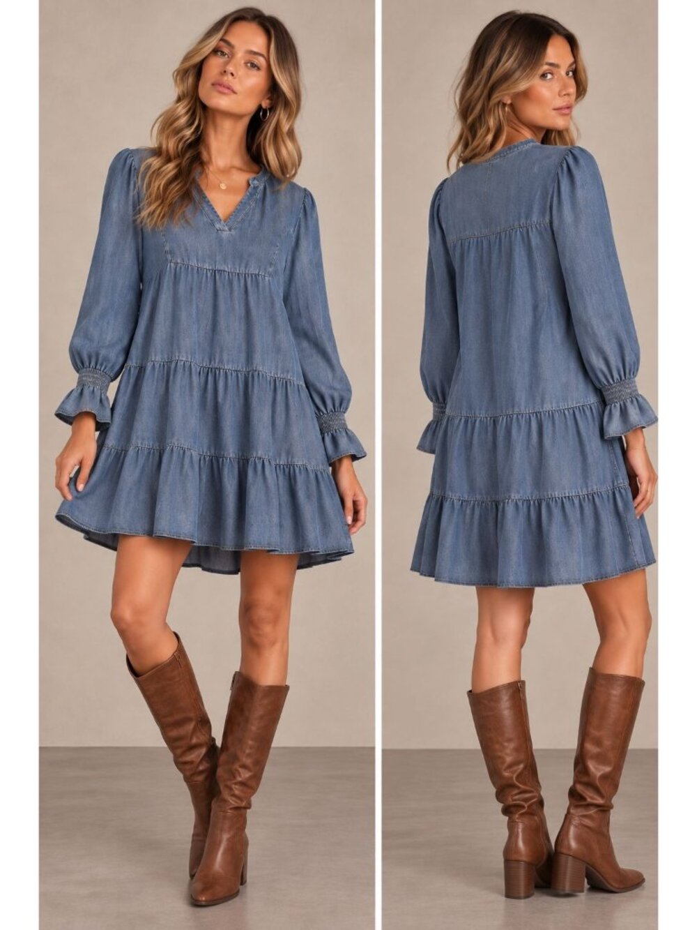 NEW Quince Chambray Tencel Tiered Long-Sleeve Mini Dress Size XL